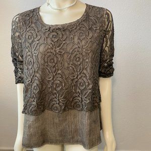 Vintage Concept Top Shirt Pullover Gauze Lined Lace Brown Western Boho Size S